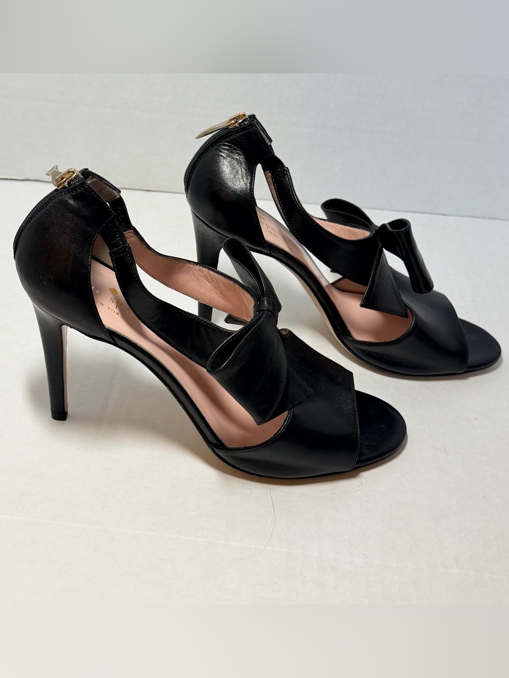 kate spade Black Leather Bow T-Strap High Heel Sandals